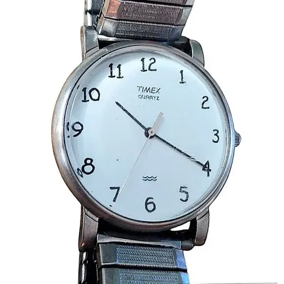 Vintage Timex Quartz Watch 32mm Silver Tone Stretch Band 90s New Battery - Picture 2 of 5